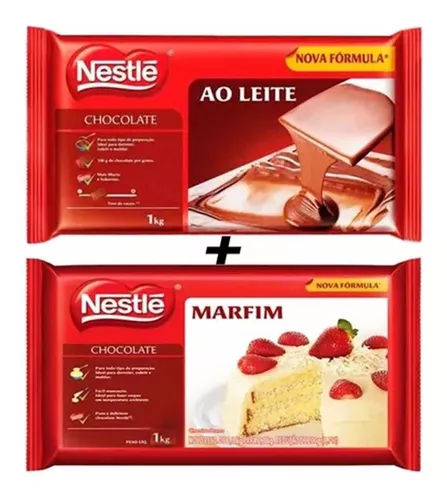 Chocolate Nestle 1kg Ao Leite E Branco Marfim Kit C/2