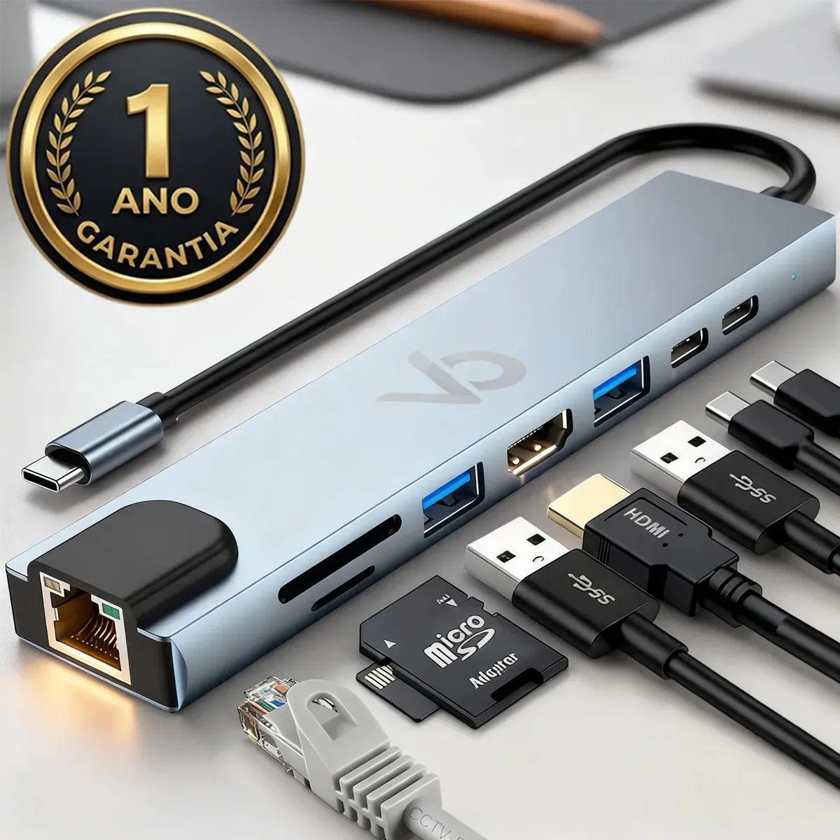 Adaptador Hub Usb Com 8 Portas Rj45 Hdmi Usb 3.0 E 2.0 Tipo C Micro Sd Cartão Ethernet Cabo Thunderbolt Dock Station Dex Macbook Air M1 M2 iPad Type C Tablet Computador Pc Notebook