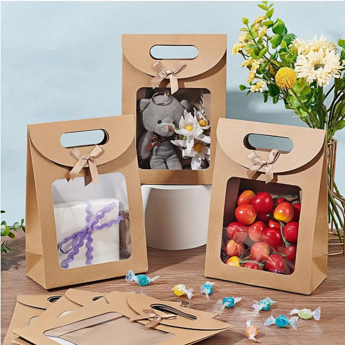 - 30 Bolsas De Papel Kraft Regalo Ventana Transparente