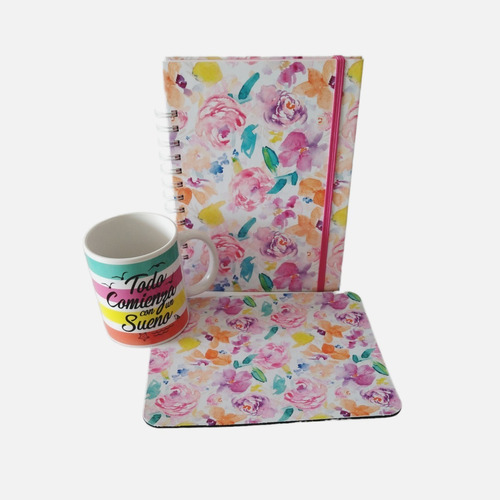 Set De Regalo Libreta, Mouse Pad Y Taza Diseño Flores