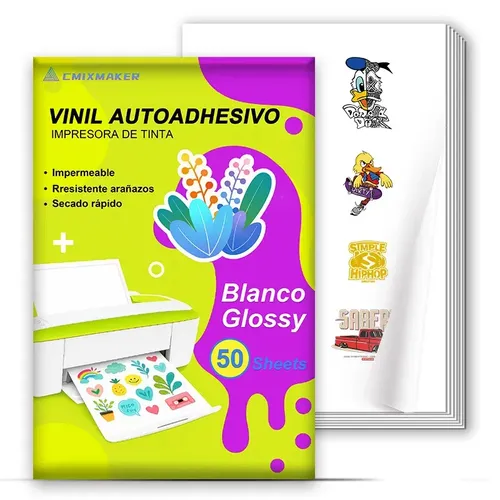 Cmixmaker Papel Vinilo Adhesivo blanco glossy Para Imprimir, Impermeable 50 Hojas A4 Para Impresora Inkjet, Cricut, Personalizable Para Calcomanía Y Etiquetas Imprimibles
