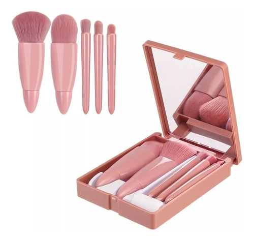 Set Brochas De Maquillaje Mini 5 Piezas Con Espejo Portatil