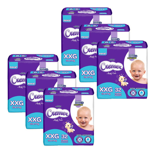 Kit 6 Fraldas Cremer Magic Care Mega Xxg Com 32un Cada