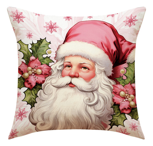 4 Fundas De Cojín De Lino De Papá Noel Rosa Navideño