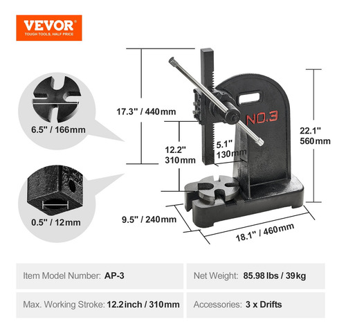 Prensa De Árbol Manual De 3 Toneladas, Altura Máxima 12.2''