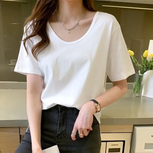 Camiseta Holgada Con Cuello En U Para Mujer De Manga Corta D