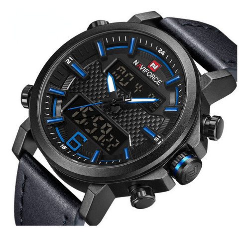 Reloj Digital De Piel Impermeable Naviforce Sports Color Del Fondo Black/blue