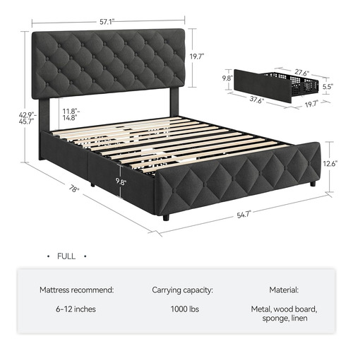 Base De Cama Idealhouse Matrimonial Tapizada En Lino Grey