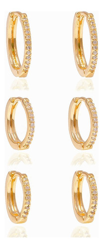 Trio Argola Feminino Cravejado Banhado A Ouro 18k Cor Dourado