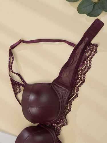Sexy Cordinado Copa B Pushup Mujer Vinipiel Encaje Varilla Bordó Vinipiel/encaje 32b