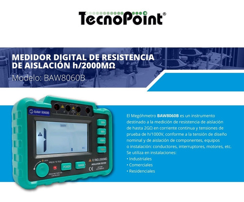 Imagen 2 de 10 de Medidor De Resistencia De Aislación Digital Baw 8060b Pr