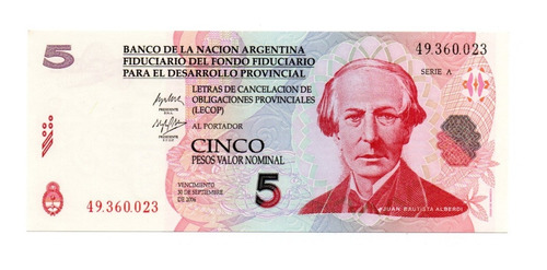 Bono De Emergencia Nacion 5 Lecop Pesos 2001 Sin Circular
