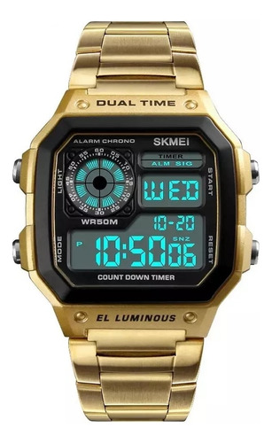 Reloj de pulsera digital Skmei 1335 Gold Body para hombre, fondo blanco, con correa de acero inoxidable de color dorado