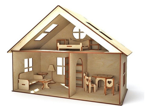 Casita De Muñecas Mdf Alt 40 Cm + Muebles De Casaniño Color Madera Mdf