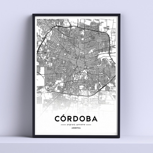 Cuadro Cordoba Mapa Dibujo 30x40cm Marco + Vidrio