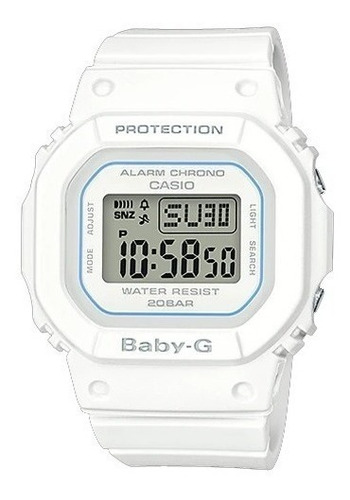 Reloj pulsera Casio Baby-G BGD-560 de cuerpo color blanco mate, digital, fondo gris, con correa de resina color blanco mate, dial negro, minutero/segundero negro, bisel color blanco mate, luz azul verde