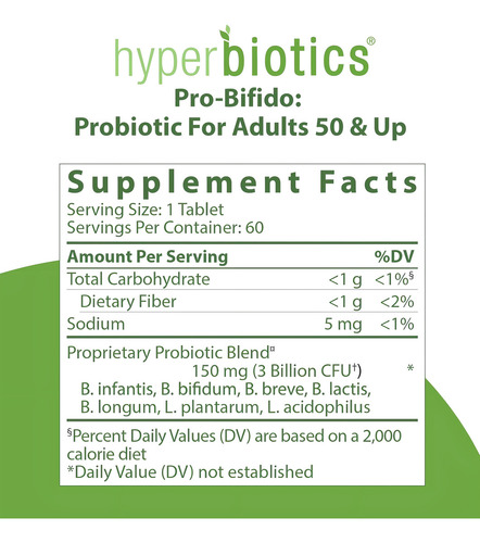 Hyperbiotics Pro Bifido 50 3 Billion Cfu 60 Tabletas Sabor Sin sabor