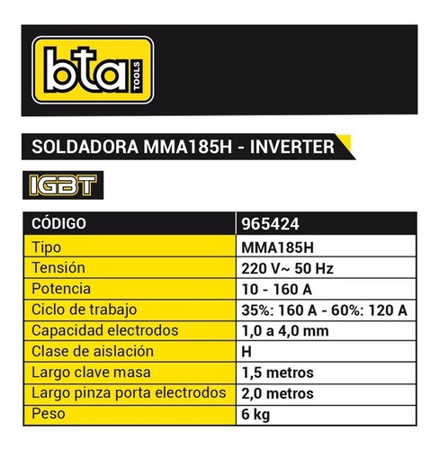 Soldadora Inverter Bta Mma 185h - 10/160a 965424