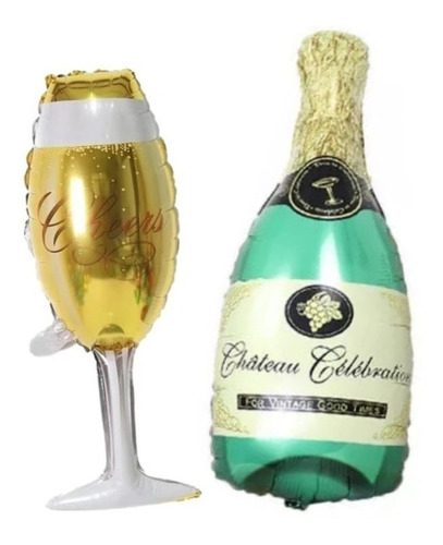 1 Globo Botella De Champagne Verde + 1 Globo Copa 