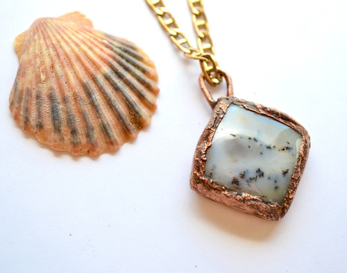 Imagen 2 de 4 de Collar Piedra Agata Musgo, Cadena De Bronce, Cod1