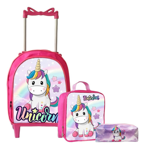 Mochila Rodinha Infantil Menina Feminina+ Lancheira+ Estojo