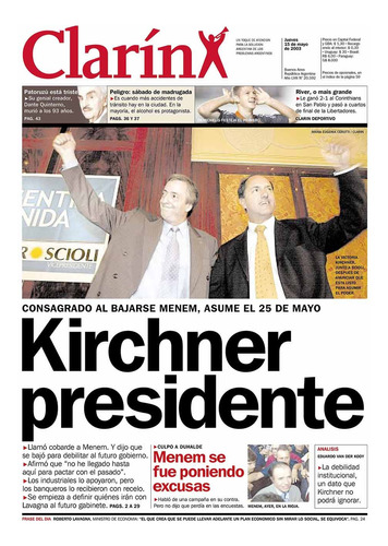 Tapa Diario Clarín 15/5/2003 Nestor Kirchner Presidente