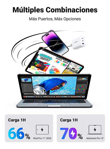 Cargador Ugreen 65 W Carga Rápida Usb A + 2 Usb C Blanco