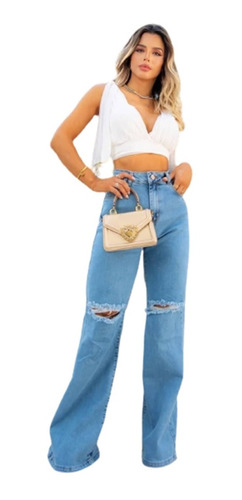 Calça Jeans Feminina Pantalona Wide Leg Destroyed Blogueira