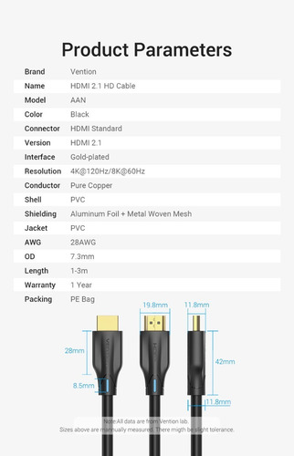 Imagen 9 de 10 de Cable Hdmi 2.1 - 8k Earc 120hz Hdr Vrr 48gb 1 Metro Vention