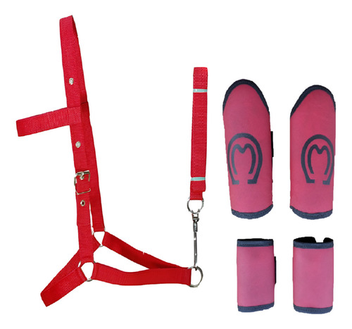 Kit Caneleira 4p Para Cavalo + Cabresto De Fita Cor Vermelho