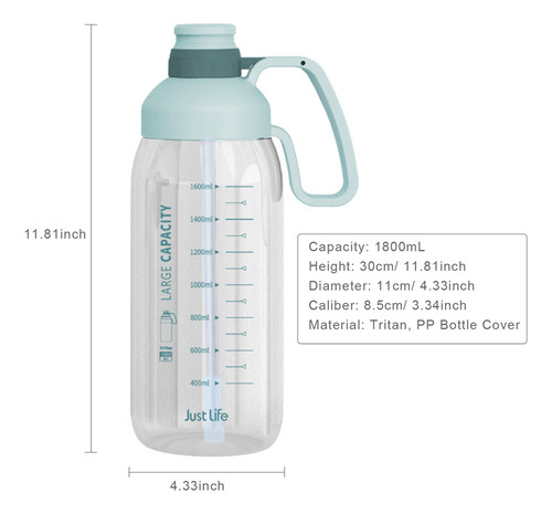 J0s Botella De Agua De 1800 Ml Con Marcador Y Pajita Para