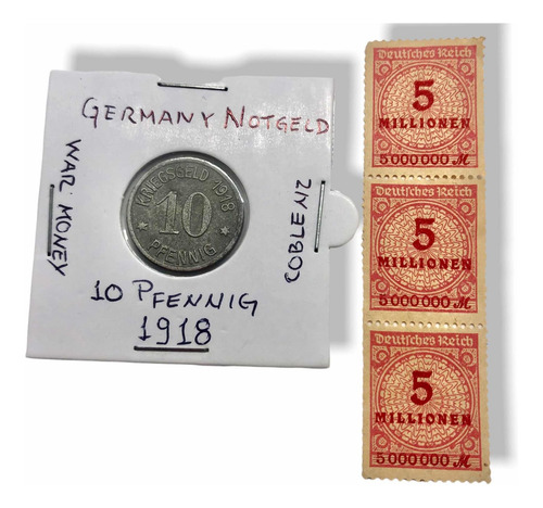 Wow Moneda Notgeld 10 Pfennig 1918 + 3 Timbres Hiperinflacio (Usado)