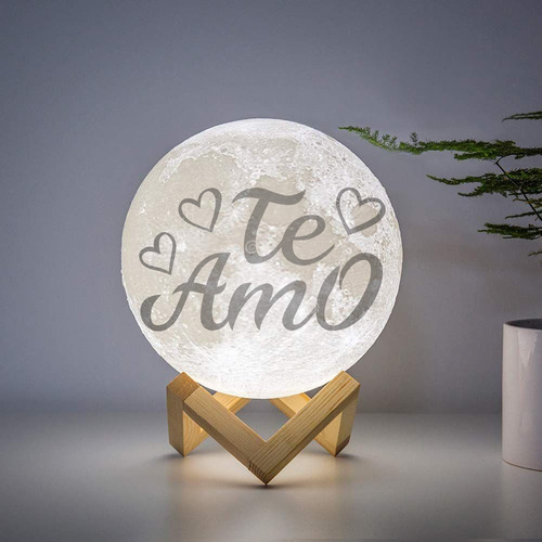 Luminária Lua Cheia Com Frase Usb Recarregável (te Amo) Cúpula Branco Estrutura Madeira