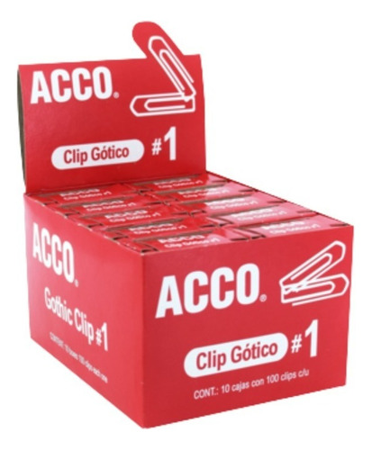 10 Cajas De Clips Gotico Acco No.1 Con 100 Clips Cada Una Color Gris