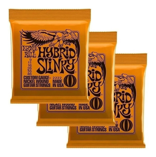 Kit C/ 3 Encordoamento Ernie Ball Guitararra 009 Hybrid 2222