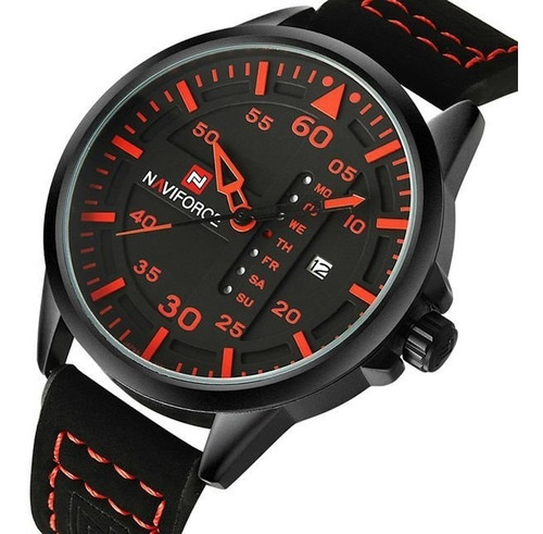 Reloj Hombre Naviforce Piloto Lujo, Análogo Color De La Correa Negro Color Del Bisel Negro Color Del Fondo Rojo