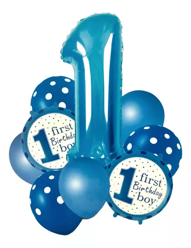 Set Globos 1 Año Cumpleaños Fiesta Azul Bebes Niño 9 Piezas