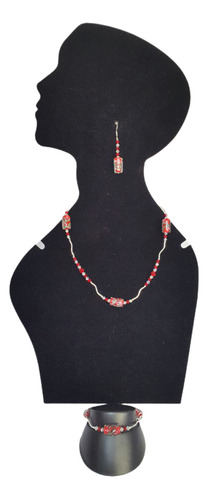 Juego Gargantilla, Pulsera, Aretes Baño Plata Y Rojo