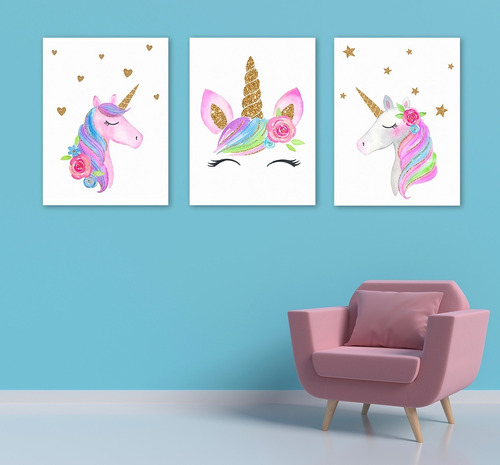 Set 3 Pzas Unicornios Colores 40x60 Lienzo Canvas Decorativo