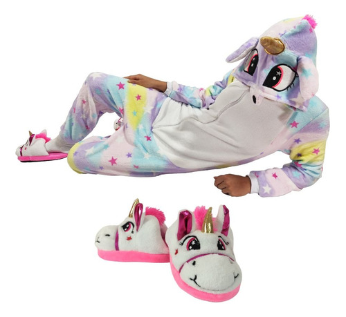 Combo Pijama De Unicornio Para Niños + Pantuflas Unicornio