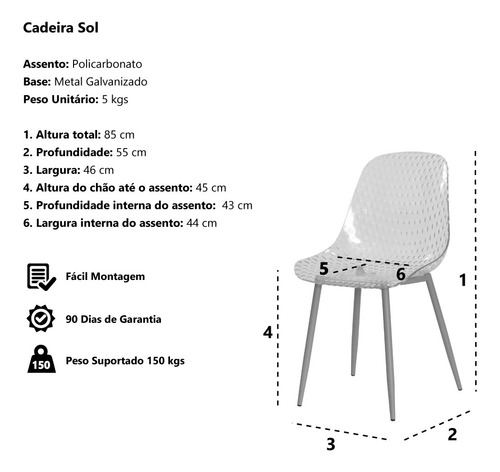 Imagem 5 de 5 de Cadeira Sol Transparente Base Metal Sala Cozinha Jantar