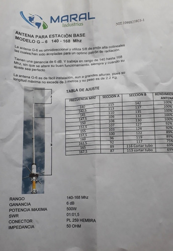 Imagen 2 de 2 de Antena Para Estación Base G6 140-167 Mhz Maral