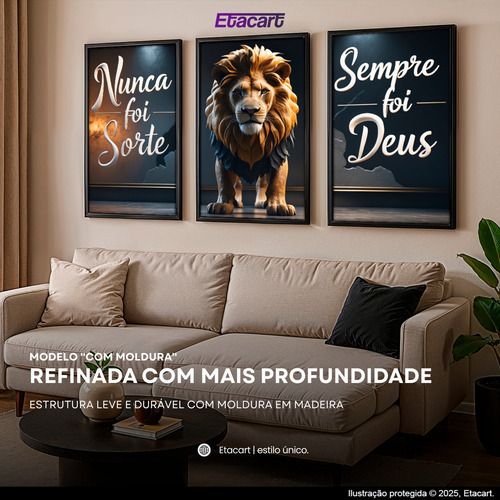 Quadros Decorativo Leão Imponente E Mensagem De Fé Sala 180x80 Com Moldura