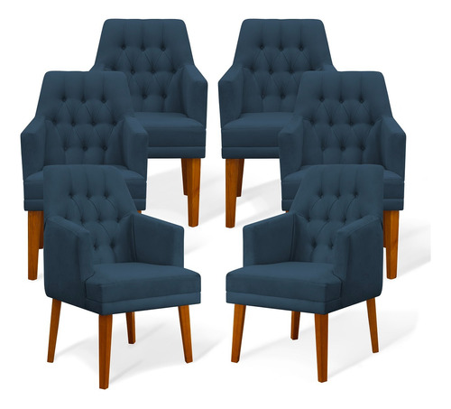 Kit 6 Cadeiras Decorativas Bela Com Braço Suede Azul Marinho