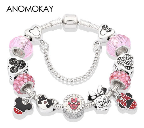 Brazalete De Cristal Negro Mickey/minnie/heart