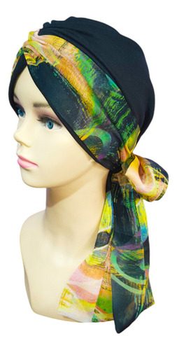 Turbante Oncológico Para Mujer De Algodón C/ Banda Mascada Color Negro Amarillo Multicolores