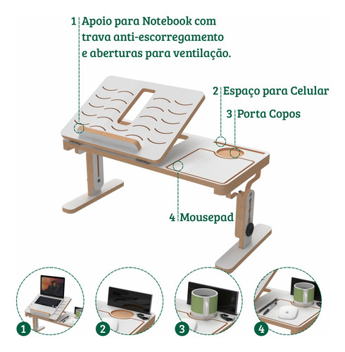 Suporte P/ Notebook Regulável Mdf Cama Sofá Ergonomia Branco
