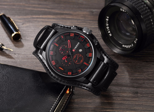 Relogio Masculino Curren Couro Bracelete Preto
