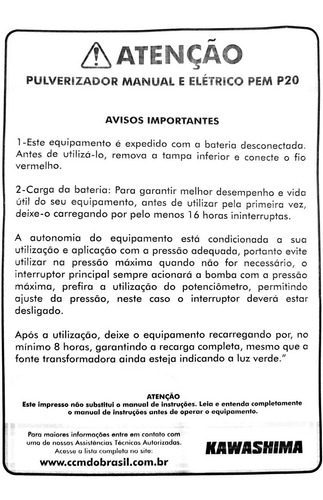 Pulverizador Costal Bateria E Manual Kawashima 20l Pemp20