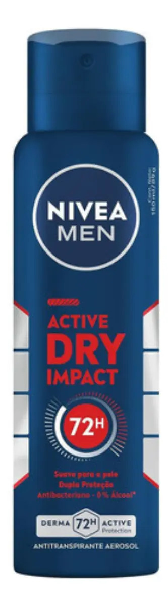 NIVEA MEN Desodorante Antitranspirante Aerossol Active Dry Impact 150ml, Proteção 72h, Contra Suor e Mau Odor, Dupla Proteção, Antibacteriano